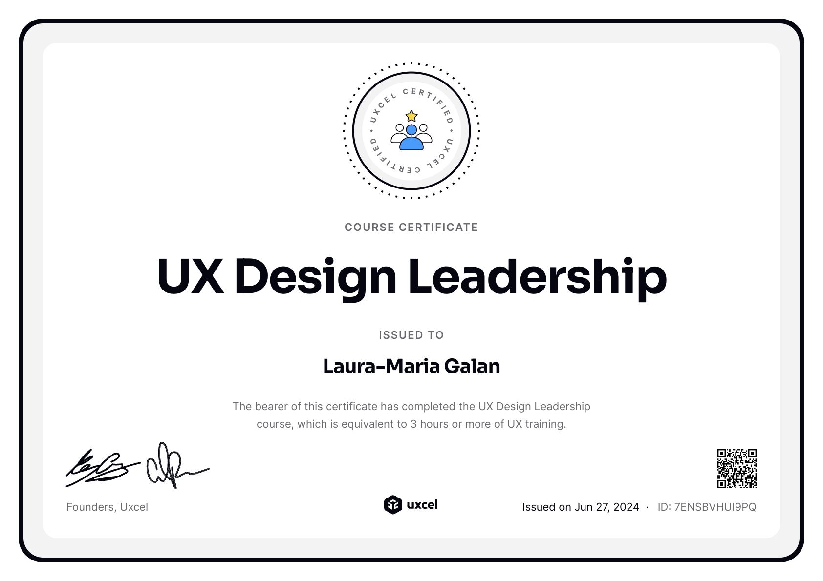 Laura-Maria Galan's certificate